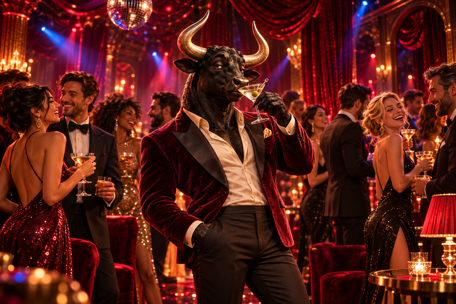 A bull sipping a martini at a glamorous cocktail party.